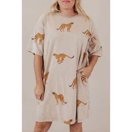 Apricot Plus Size Cheetah Print Side Pockets T Shirt Mini Dress