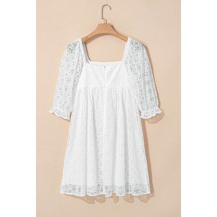 White Floral Lace Puff Sleeve Empire Waist Mini Dress