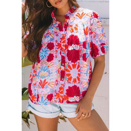 Pink Floral Print Bubble Sleeve Button Up Pleated Shirt
