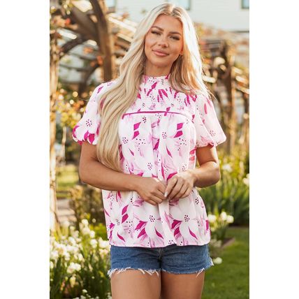 Rose Floral Frilled Collar Short Sleeve Blouse Top