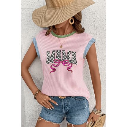Pink MAMA Bow Graphic Contrast Trim Cap Sleeve 3D Rib T Shirt