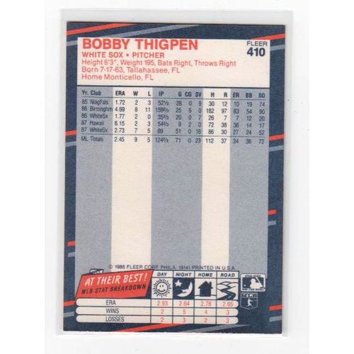 1988 Fleer Bobby Thigpen baseball card #410 – White Sox