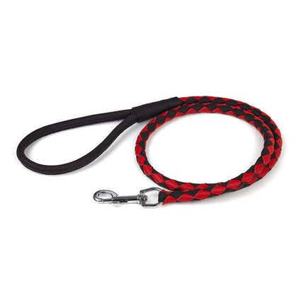 Round Braided Leather Leash W3/8" - L48", Black & Red