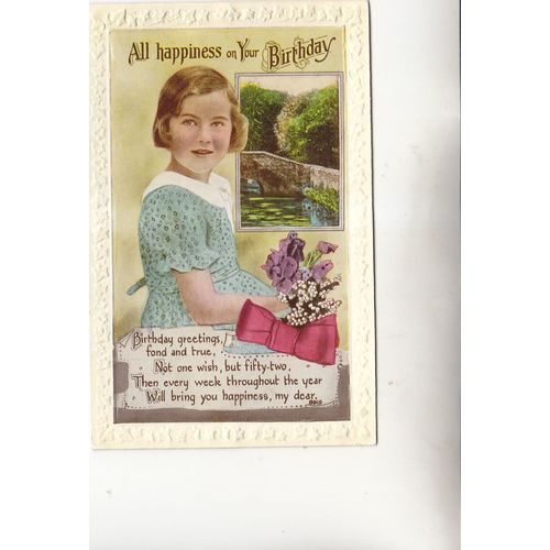 Vintage Colour Postcard - All Happiness on Your Birthday with Girl & River 0915