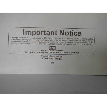 12" 1978 EMI RECORD INNER , IMPORTANT NOTICE. CODE 978 CARE OF YOUR RECORD EX