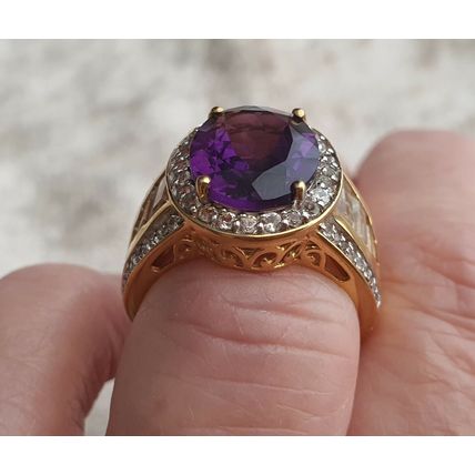 Lusaka Amethyst & White Topaz Oval Halo RING Sz O½ 14k Gold Overlay 925 Silver