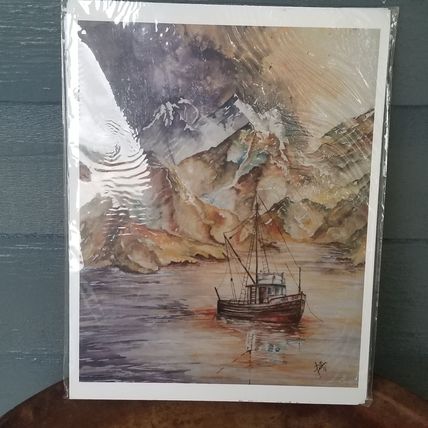 NWOT Watercolor Print + Mountains + Boat