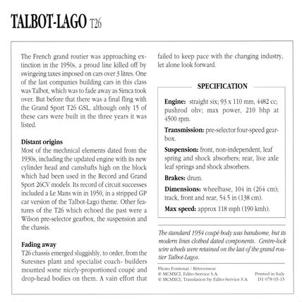 Collectors Club card. Classic Cars. Talbot-Lago T26