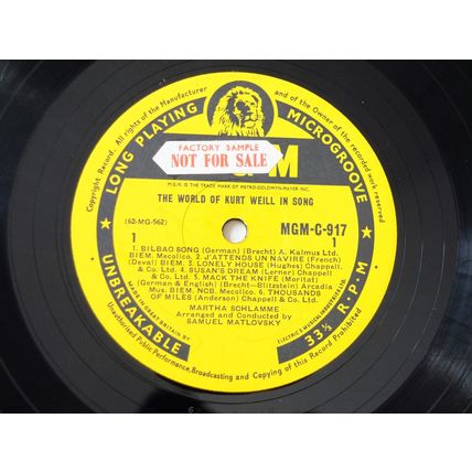 MARTHA SCHLAMME World of Kurt Weill LP vinyl record JAZZ folk 1962 MGM theatre