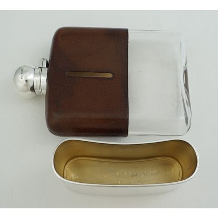BIG Antique Silver Gilt Glass Pocket Flask, Sheffield 1899, holds 250ml, 604g.