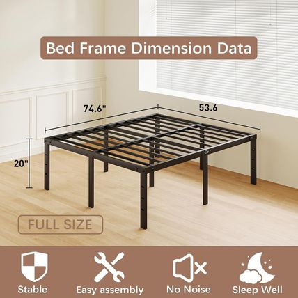 20 Inch Tall Full Size Bed Frame with Large Storage Space, Heavy Duty Metal Plat