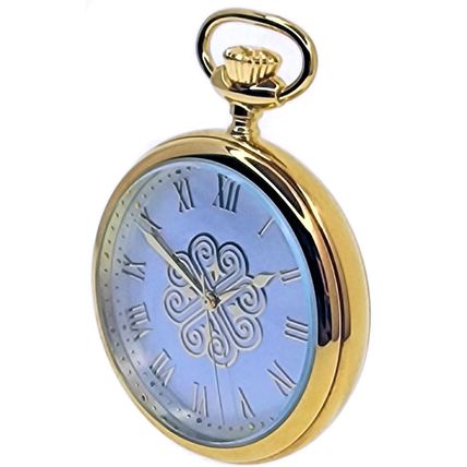 14K Gold Plated Men Big Heavy Brass Pocket Watch White MOP Dial + MOP Stone