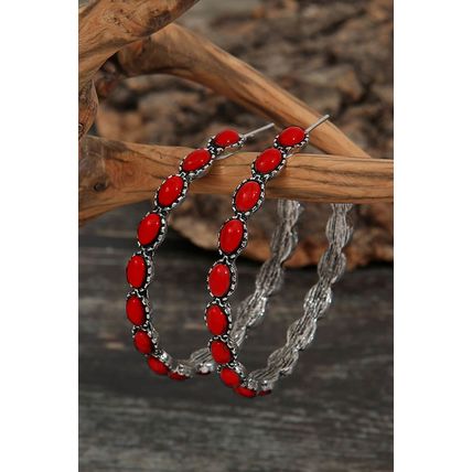 Red Retro Turquoise Circle C-shaped Earrings