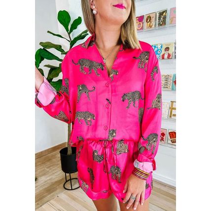 Strawberry Pink Cheetah Print Satin Shirt and Shorts Lounge Set