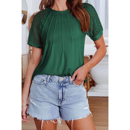 Blackish Green Seamed Detail Contrast Lace Raglan Sleeve Tee