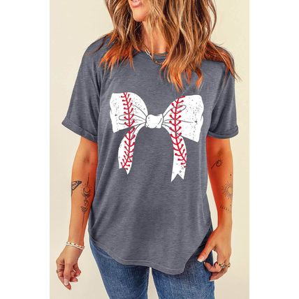 Gray Baseball Bowknot Graphic Casual Tee