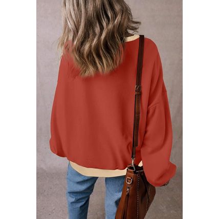 Red Clay Color Block Patch Drop Shoulder Oversized Sweatshirt