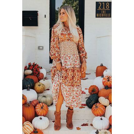 Khaki Floral Print Ruffled Tiered Long Sleeve V Neck Midi Dress