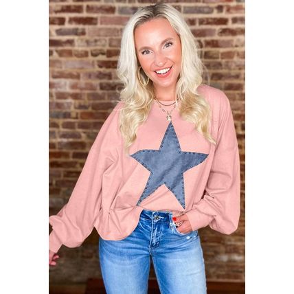 Gossamer Pink Studded Star Graphic Oversized Long Sleeve Top