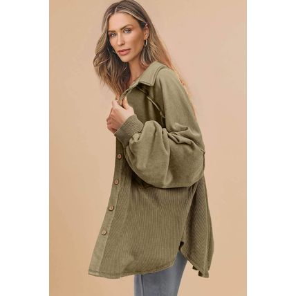 Moss Green Waffle Knit Patchwork Buttoned Oversized Shacket