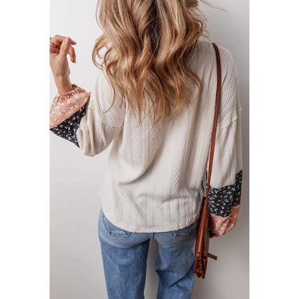 Beige Floral Patchwork Textured Knit Drawstring V Neck Blouse