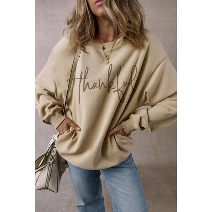 Parchment thankful Embroidered Drop Shoulder Pullover Sweatshirt
