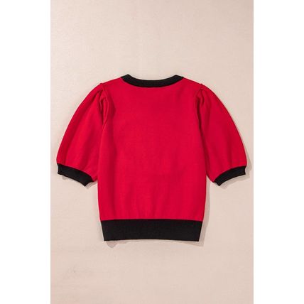 Red Sequin Rugby Color Block Puff Short Sleeve Sweater
