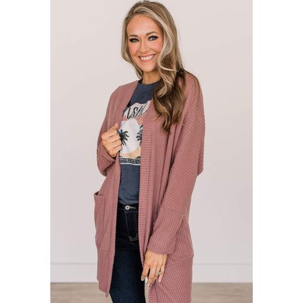 Mineral Red Solid Color Waffle Knit Cardigan with Pocket