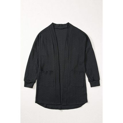 Black Textured Knit Side Pockets Open Front Cardigan