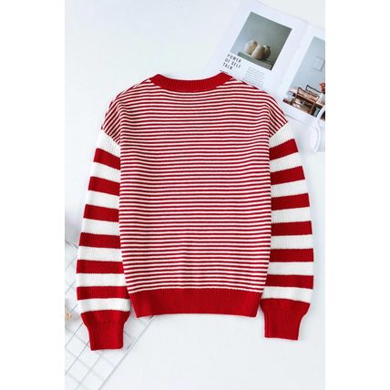 Red Stripe Geometric Textured Drop Shoulder Sweater