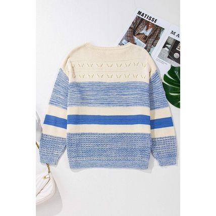 Light Blue Open Stitch Puff Sleeve Sweater
