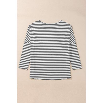 Gray Stripe Drop Sleeve Round Neck Oversized Long Sleeve Top
