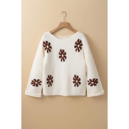 White Colorblock Floral Pattern Round Neck Sweater