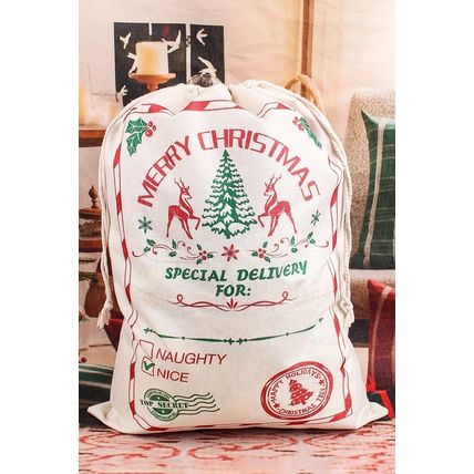 White Merry Christmas Elk Print Drawstring Gift Sack