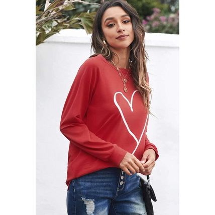 Red Heart Shape Print Long Sleeve Pullover Sweatshirt