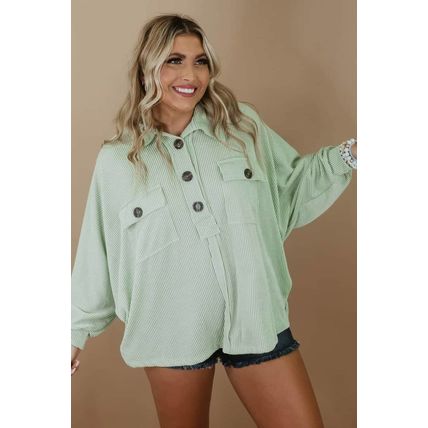 Green Plus Size Ribbed Pocketed Long Sleeve Henley Top