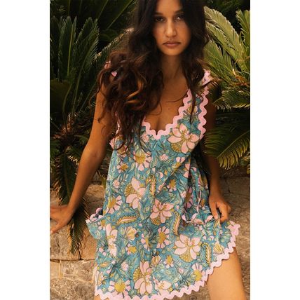 Sky Blue Floral Ricrac Trim V Neck Shift Mini Tank Dress