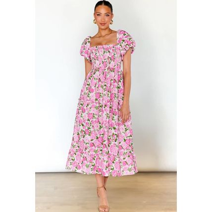 Pink Dainty Floral Smocked Puff Sleeve Flowy Long Dress