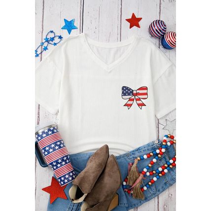White Embroidered Stars Stripes Bowknot Logo Textured Knit T Shirt