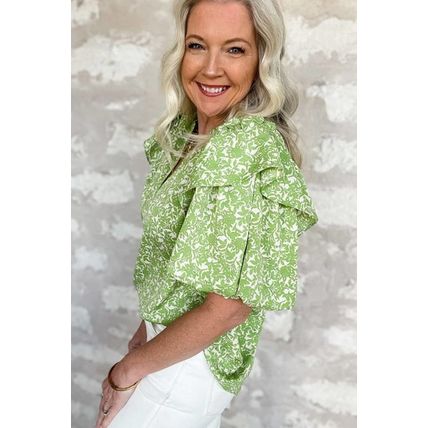 Light Green Floral Ruffle Puff Short Sleeve Frilled Collar V Neck Blouse