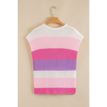 Pink Color Block Notch V Neck Sweater T Shirt