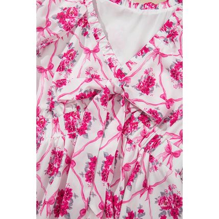 Multicolour Bow Lattice Floral Print V Neck Knot Decor Mini Dress
