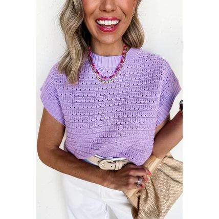 Lavendula Pointelle knit Ribbed Trim Short Sleeve Sweater