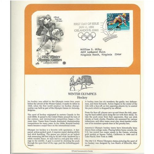 1992 WINTER OLYMPICS : HOCKEY ' OFFICIAL FIRST DAY of ISSUE ' (1992)