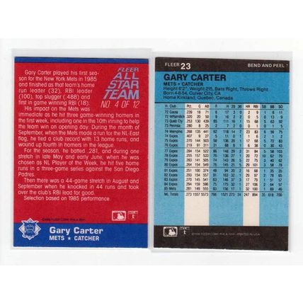 Two 1986 Fleer Gary Carter cards #4 All Star Insert, #23 Star Sticker