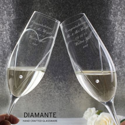 Flutes Diamante hand crafted Wine Glasses heart Wedding anniversary engagement