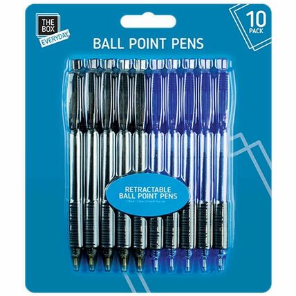 10x RETRACTABLE BALLPOINT PENS Blue Black Ball Point Biros School Office Writing