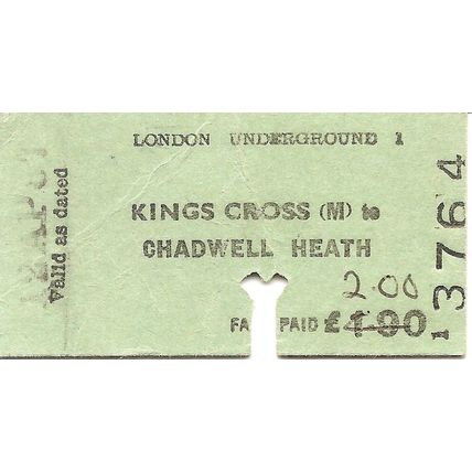 London Transport Edmondson Ticket - Kings Cross to Chadwell Heath