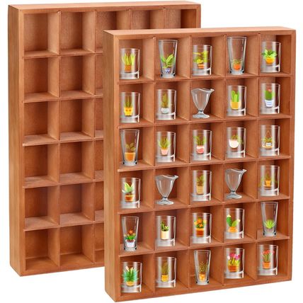 2 Pcs Shot Glass Display Case, Brown Wooden Shot Glass Shelf with Removable Shel