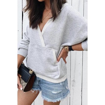 Gray Contrast Trim V Neck Wrap Sweatshirt with Pocket